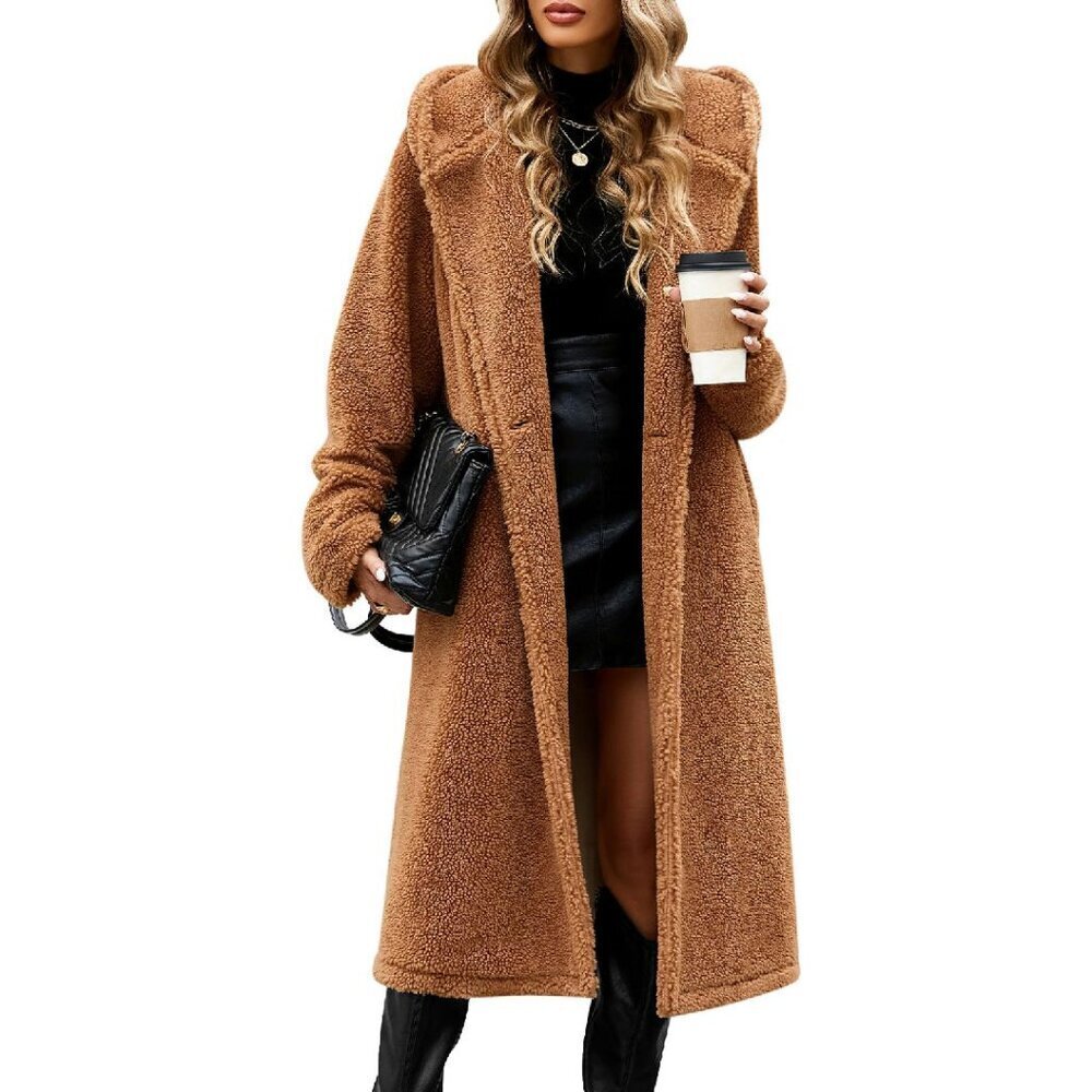 Oversized Fleece Hooded Coat with Faux Fur Trim and Pockets